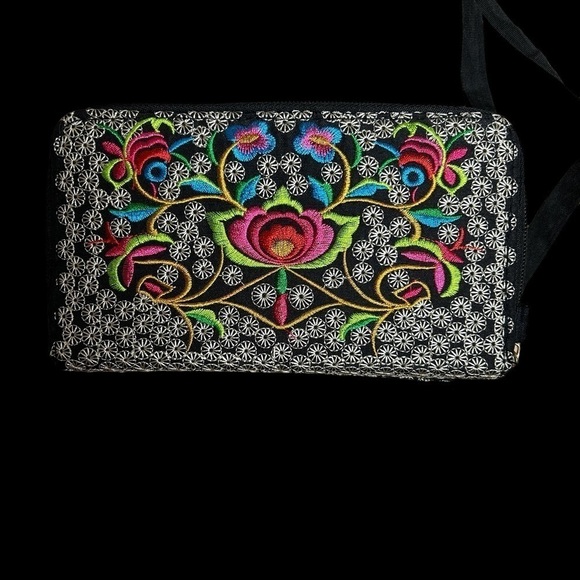 Embroidered Crossbody Wallet w/ Detachable Ribbon Style Strap - Picture 15 of 15
